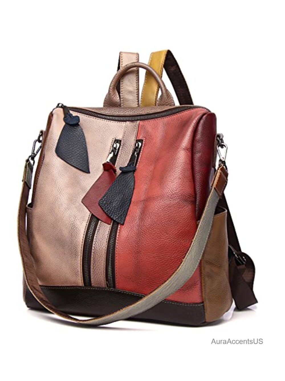 Genuine Leather Convertible Backpack Shoulder Bag Patchwork Satchel